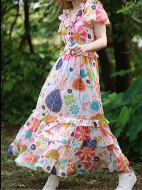 Floral Tiered Midi Dress - White with Multicolor Floral Print